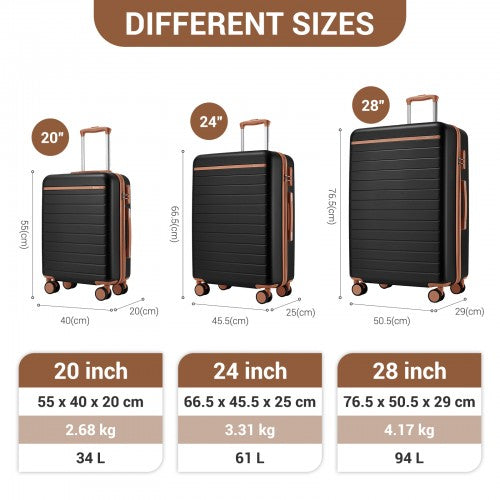 KSK2584 - Kono Scratch-Resistant 3-Piece Hard Shell Luggage Set with Horizontal Stripe Design, Brown Accents & Spinner Wheels - Black and Brown