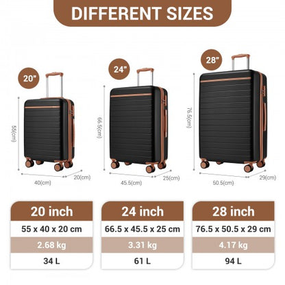 KSK2584 - Kono Scratch-Resistant 3-Piece Hard Shell Luggage Set with Horizontal Stripe Design, Brown Accents & Spinner Wheels - Black and Brown