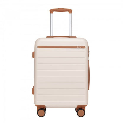 KSK2584 - Kono Scratch-Resistant 20-Inch Hard Shell Cabin Suitcase with Horizontal Stripe Design, Brown Accents & Spinner Wheels - Cream and Brown