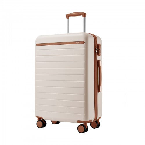 KSK2584 - Kono Scratch-Resistant 24-Inch Hard Shell Medium Check-In Suitcase with Horizontal Stripe Design, Brown Accents & Spinner Wheels - Cream and Brown