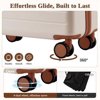 KSK2584 - Kono Scratch-Resistant 24-Inch Hard Shell Medium Check-In Suitcase with Horizontal Stripe Design, Brown Accents & Spinner Wheels - Cream and Brown