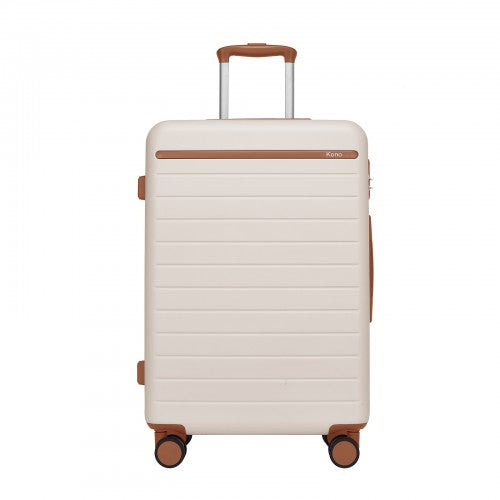 KSK2584 - Kono Scratch-Resistant 24-Inch Hard Shell Medium Check-In Suitcase with Horizontal Stripe Design, Brown Accents & Spinner Wheels - Cream and Brown