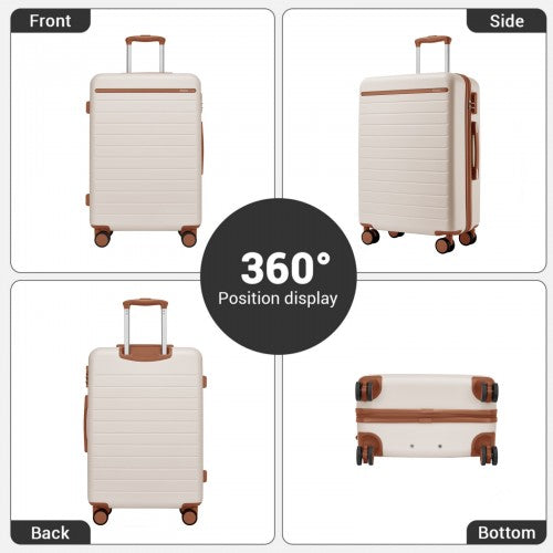 KSK2584 - Kono Scratch-Resistant 3-Piece Hard Shell Luggage Set with Horizontal Stripe Design, Brown Accents & Spinner Wheels - Cream and Brown