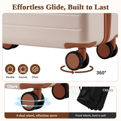 KSK2584 - Kono Scratch-Resistant 3-Piece Hard Shell Luggage Set with Horizontal Stripe Design, Brown Accents & Spinner Wheels - Cream and Brown