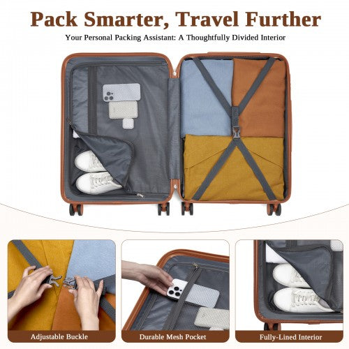 KSK2584 - Kono Scratch-Resistant 3-Piece Hard Shell Luggage Set with Horizontal Stripe Design, Brown Accents & Spinner Wheels - Cream and Brown