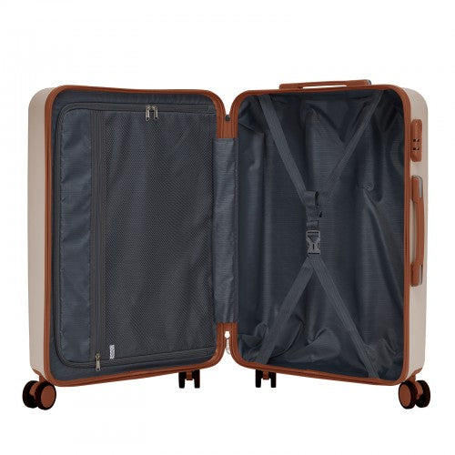 KSK2584 - Kono Scratch-Resistant 3-Piece Hard Shell Luggage Set with Horizontal Stripe Design, Brown Accents & Spinner Wheels - Cream and Brown