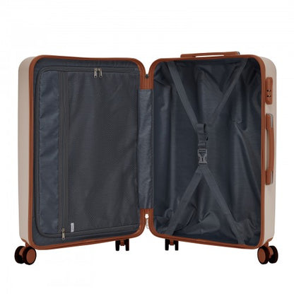 KSK2584 - Kono Scratch-Resistant 3-Piece Hard Shell Luggage Set with Horizontal Stripe Design, Brown Accents & Spinner Wheels - Cream and Brown