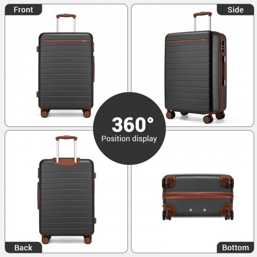 KSK2584 - Kono Scratch-Resistant 28-Inch Large Hard Shell Suitcase with Horizontal Stripe Design, Brown Accents & Spinner Wheels - Grey and Brown