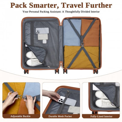KSK2584 - Kono Scratch-Resistant 3-Piece Hard Shell Luggage Set with Horizontal Stripe Design, Brown Accents & Spinner Wheels - Grey and Brown