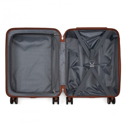 KSK2584 - Kono Scratch-Resistant 20-Inch Hard Shell Cabin Suitcase with Horizontal Stripe Design, Brown Accents & Spinner Wheels - Grey and Brown