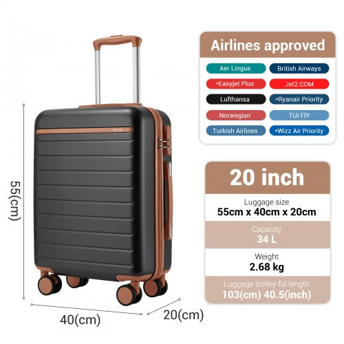 KSK2584 - Kono Scratch-Resistant 20-Inch Hard Shell Cabin Suitcase with Horizontal Stripe Design, Brown Accents & Spinner Wheels - Grey and Brown