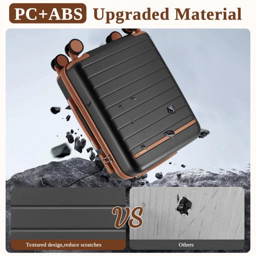 KSK2584 - Kono Scratch-Resistant 20-Inch Hard Shell Cabin Suitcase with Horizontal Stripe Design, Brown Accents & Spinner Wheels - Grey and Brown