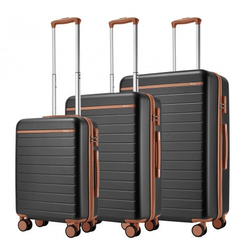 KSK2584 - Kono Scratch-Resistant 3-Piece Hard Shell Luggage Set with Horizontal Stripe Design, Brown Accents & Spinner Wheels - Grey and Brown