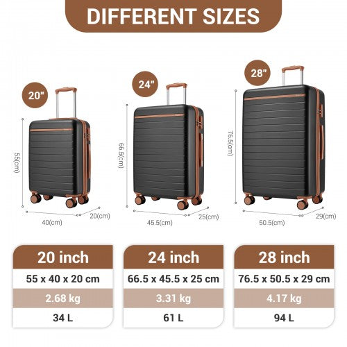 KSK2584 - Kono Scratch-Resistant 3-Piece Hard Shell Luggage Set with Horizontal Stripe Design, Brown Accents & Spinner Wheels - Grey and Brown