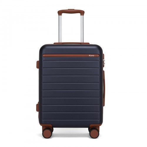 KSK2584 - Kono Scratch-Resistant 20-Inch Hard Shell Cabin Suitcase with Horizontal Stripe Design, Brown Accents & Spinner Wheels - Navy and Brown