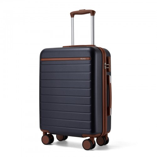 KSK2584 - Kono Scratch-Resistant 20-Inch Hard Shell Cabin Suitcase with Horizontal Stripe Design, Brown Accents & Spinner Wheels - Navy and Brown