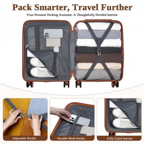 KSK2584 - Kono Scratch-Resistant 20-Inch Hard Shell Cabin Suitcase with Horizontal Stripe Design, Brown Accents & Spinner Wheels - Navy and Brown