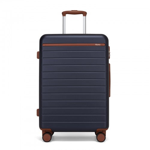 KSK2584 - Kono Scratch-Resistant 24-Inch Hard Shell Medium Check-In Suitcase with Horizontal Stripe Design, Brown Accents & Spinner Wheels - Navy and Brown
