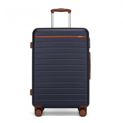 KSK2584 - Kono Scratch-Resistant 24-Inch Hard Shell Medium Check-In Suitcase with Horizontal Stripe Design, Brown Accents & Spinner Wheels - Navy and Brown