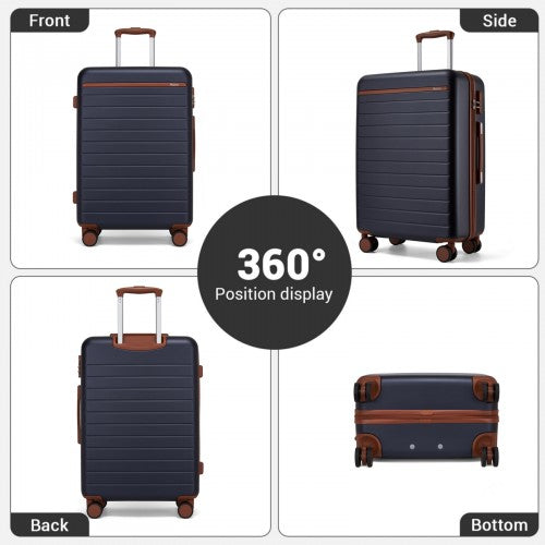 KSK2584 - Kono Scratch-Resistant 24-Inch Hard Shell Medium Check-In Suitcase with Horizontal Stripe Design, Brown Accents & Spinner Wheels - Navy and Brown
