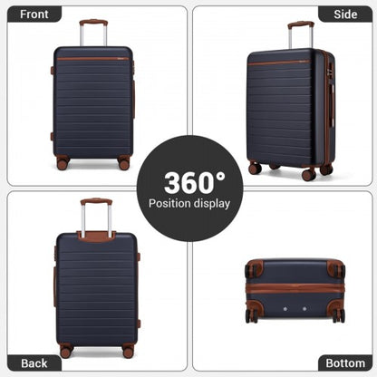 KSK2584 - Kono Scratch-Resistant 28-Inch Large Hard Shell Suitcase with Horizontal Stripe Design, Brown Accents & Spinner Wheels - Navy and Brown