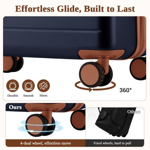 KSK2584 - Kono Scratch-Resistant 3-Piece Hard Shell Luggage Set with Horizontal Stripe Design, Brown Accents & Spinner Wheels - Navy and Brown