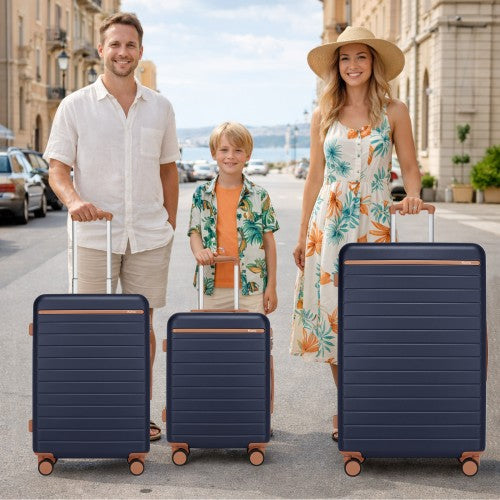 KSK2584 - Kono Scratch-Resistant 3-Piece Hard Shell Luggage Set with Horizontal Stripe Design, Brown Accents & Spinner Wheels - Navy and Brown