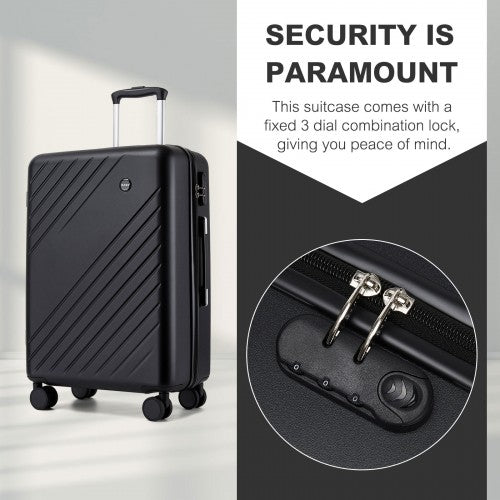 KSK2585 - Kono 24 Inch Medium ABS+PC Hard Shell Checked Luggage, Modern Diagonal Stripe Travel Suitcase with Silent Spinner Wheels, Combination Lock - Black
