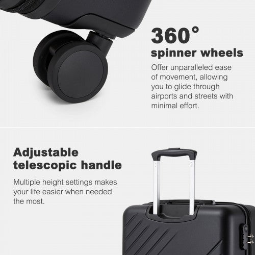 KSK2585 - Kono 24 Inch Medium ABS+PC Hard Shell Checked Luggage, Modern Diagonal Stripe Travel Suitcase with Silent Spinner Wheels, Combination Lock - Black