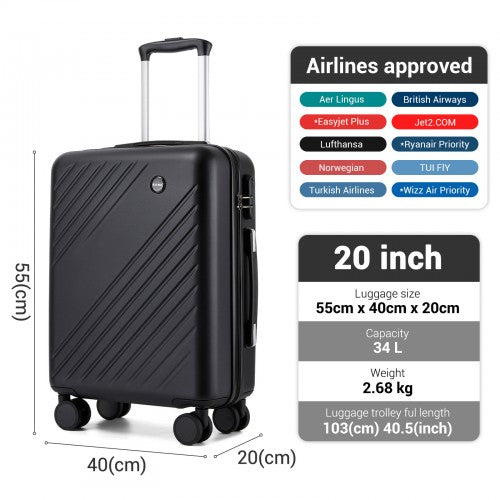 KSK2585 - Kono 20 Inch ABS+PC Hard Shell Carry On Luggage, Diagonal Stripe Lightweight Travel Suitcase with Silent Spinner Wheels & Organised Interior - Black