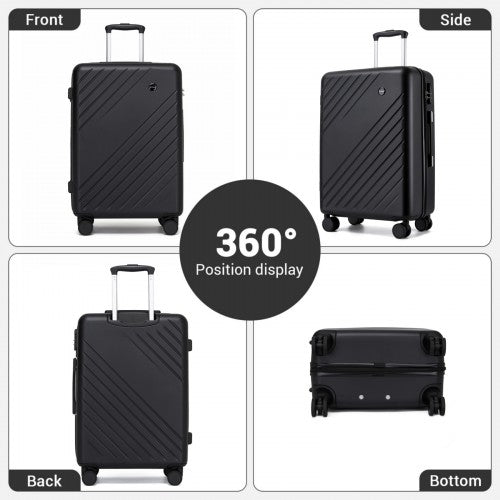 KSK2585 - Kono 24 Inch Medium ABS+PC Hard Shell Checked Luggage, Modern Diagonal Stripe Travel Suitcase with Silent Spinner Wheels, Combination Lock - Black