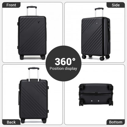 KSK2585 - Kono 24 Inch Medium ABS+PC Hard Shell Checked Luggage, Modern Diagonal Stripe Travel Suitcase with Silent Spinner Wheels, Combination Lock - Black