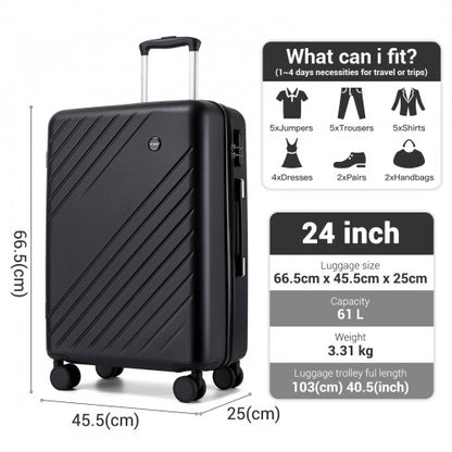KSK2585 - Kono 24 Inch Medium ABS+PC Hard Shell Checked Luggage, Modern Diagonal Stripe Travel Suitcase with Silent Spinner Wheels, Combination Lock - Black