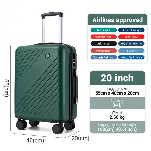 KSK2585 - Kono 20 Inch ABS+PC Hard Shell Carry On Luggage, Diagonal Stripe Lightweight Travel Suitcase with Silent Spinner Wheels & Organised Interior - Green