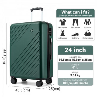 KSK2585 - Kono 24 Inch Medium ABS+PC Hard Shell Checked Luggage, Modern Diagonal Stripe Travel Suitcase with Silent Spinner Wheels, Combination Lock - Green