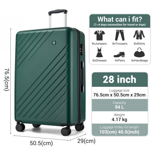 KSK2585 - Kono 28 Inch Large ABS+PC Hard Shell Checked Luggage, Spacious Diagonal Stripe Travel Suitcase with Silent Wheels & Combination Lock  - Green