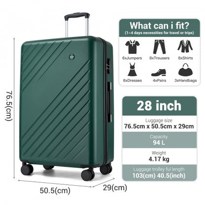 KSK2585 - Kono 28 Inch Large ABS+PC Hard Shell Checked Luggage, Spacious Diagonal Stripe Travel Suitcase with Silent Wheels & Combination Lock  - Green