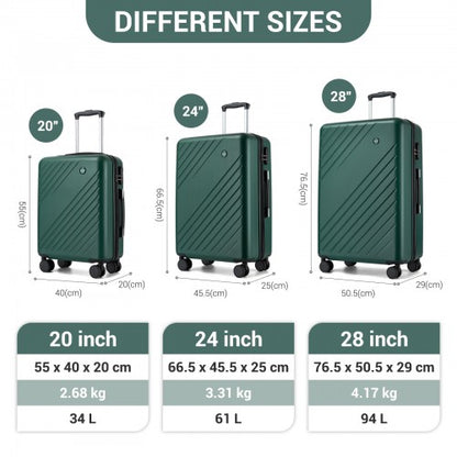 KSK2585 - Kono ABS+PC Hard Shell 3 Piece Luggage Set (20/24/28 Inch) with Diagonal Strap, Silent Wheels & Complete Travel Solution - Green