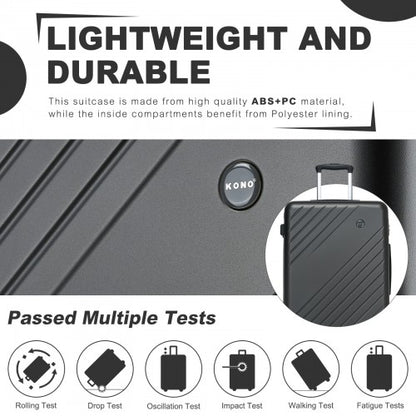 KSK2585 - Kono 20 Inch ABS+PC Hard Shell Carry On Luggage, Diagonal Stripe Lightweight Travel Suitcase with Silent Spinner Wheels & Organised Interior - Grey