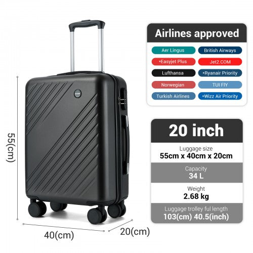 KSK2585 - Kono 20 Inch ABS+PC Hard Shell Carry On Luggage, Diagonal Stripe Lightweight Travel Suitcase with Silent Spinner Wheels & Organised Interior - Grey