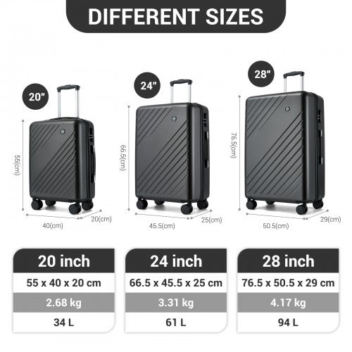 KSK2585 - Kono ABS+PC Hard Shell 3 Piece Luggage Set (20/24/28 Inch) with Diagonal Strap, Silent Wheels & Complete Travel Solution - Grey