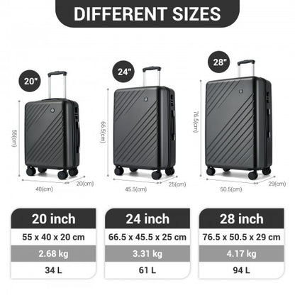 KSK2585 - Kono ABS+PC Hard Shell 3 Piece Luggage Set (20/24/28 Inch) with Diagonal Strap, Silent Wheels & Complete Travel Solution - Grey