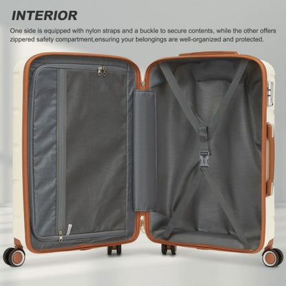 KSK2591 - Kono 28-Inch PP Modern Scratch-Resistant Large Suitcase with TSA Lock & Stylish Brown Accents - Cream and Brown