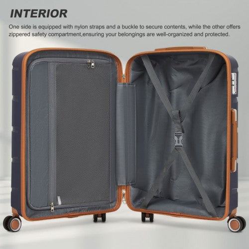 KSK2591 - Kono 28-Inch PP Modern Scratch-Resistant Large Suitcase with TSA Lock & Stylish Brown Accents - Navy and Brown