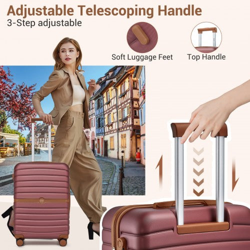 KSK2592 - Kono ABS+PC 20-Inch Striped Design with Colour-Block Details Carry-On Cabin Suitcase with Silent Spinner Wheels - Burgundy and Brown