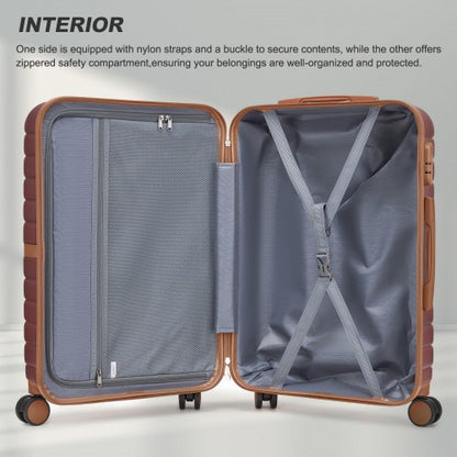 KSK2592 - Kono ABS+PC 20-Inch Striped Design with Colour-Block Details Carry-On Cabin Suitcase with Silent Spinner Wheels - Burgundy and Brown
