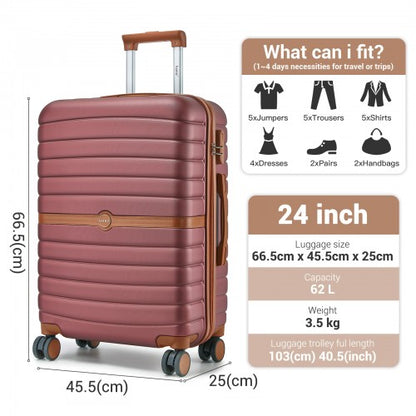 KSK2592 - Kono ABS+PC 24-Inch Striped Design with Colour-Block Details Medium Suitcase with Spinner Silent Wheels - Burgundy and Brown