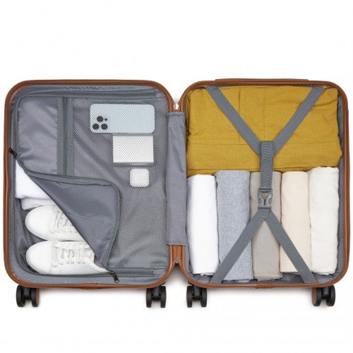KSK2592 - Kono ABS+PC 20-Inch Striped Design with Colour-Block Details Carry-On Cabin Suitcase with Silent Spinner Wheels - Cream and Brown