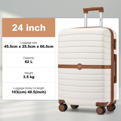 KSK2592 - Kono ABS+PC 24-Inch Striped Design with Colour-Block Details Medium Suitcase with Spinner Silent Wheels - Cream and Brown