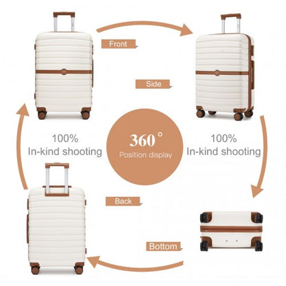 KSK2592 - Kono ABS+PC 20-Inch Striped Design with Colour-Block Details Carry-On Cabin Suitcase with Silent Spinner Wheels - Cream and Brown